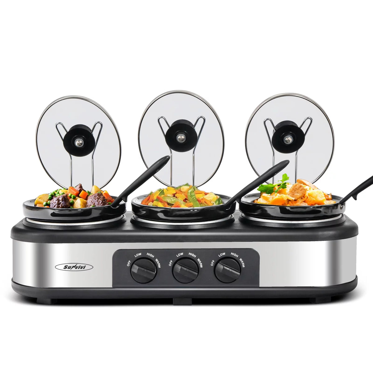 Triple Slow Cooker Buffet Server – 3 × 1.5-Quart Ceramic Pots with Adjustable Temperature