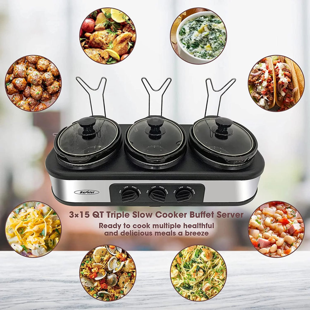 Triple Slow Cooker Buffet Server – 3 × 1.5-Quart Ceramic Pots with Adjustable Temperature