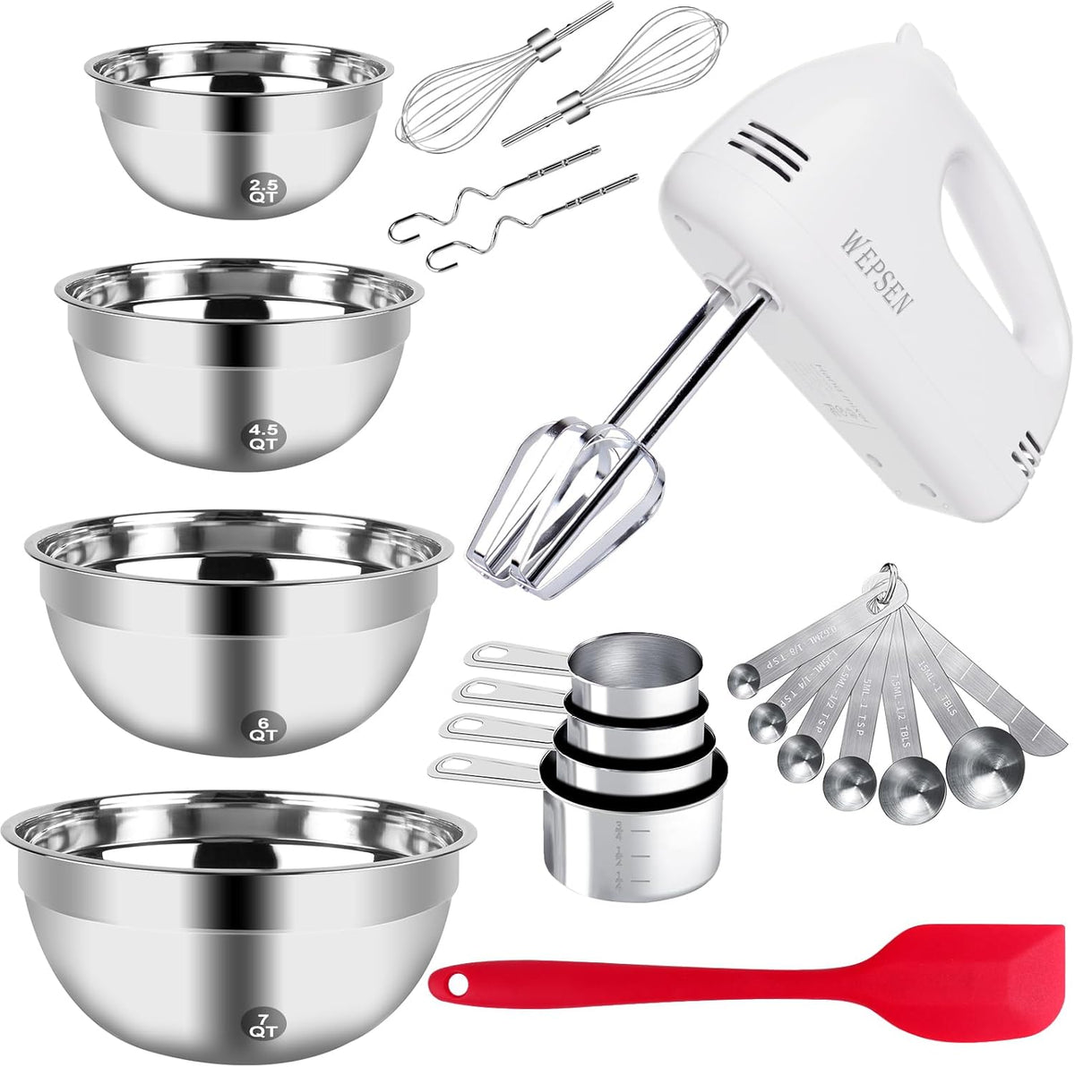5-Speed Electric Hand Mixer Set with 4 Stainless Steel Mixing Bowls & Measuring Tools