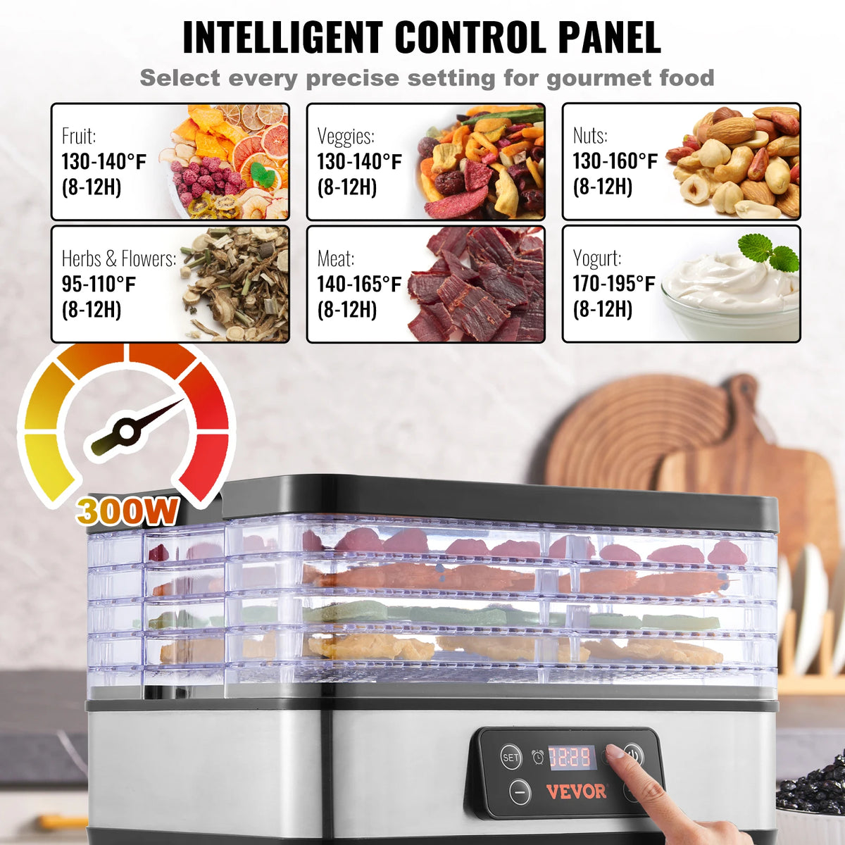 5-Tray Food Dehydrator – 300W Stainless Steel Food Dryer with Digital Timer & Temperature Control