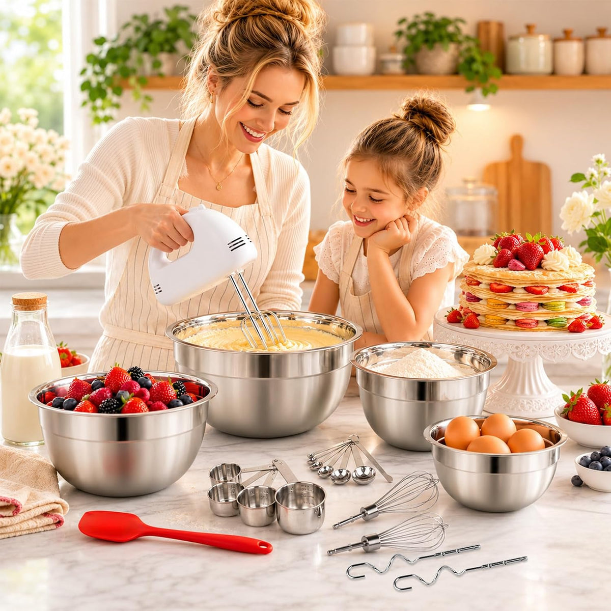 5-Speed Electric Hand Mixer Set with 4 Stainless Steel Mixing Bowls & Measuring Tools