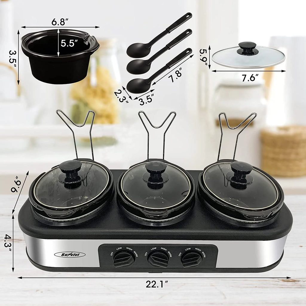 Triple Slow Cooker Buffet Server – 3 × 1.5-Quart Ceramic Pots with Adjustable Temperature