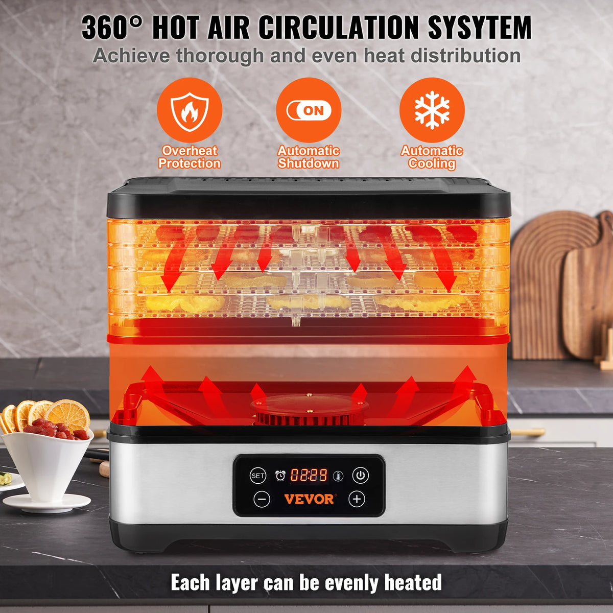 5-Tray Food Dehydrator – 300W Stainless Steel Food Dryer with Digital Timer & Temperature Control