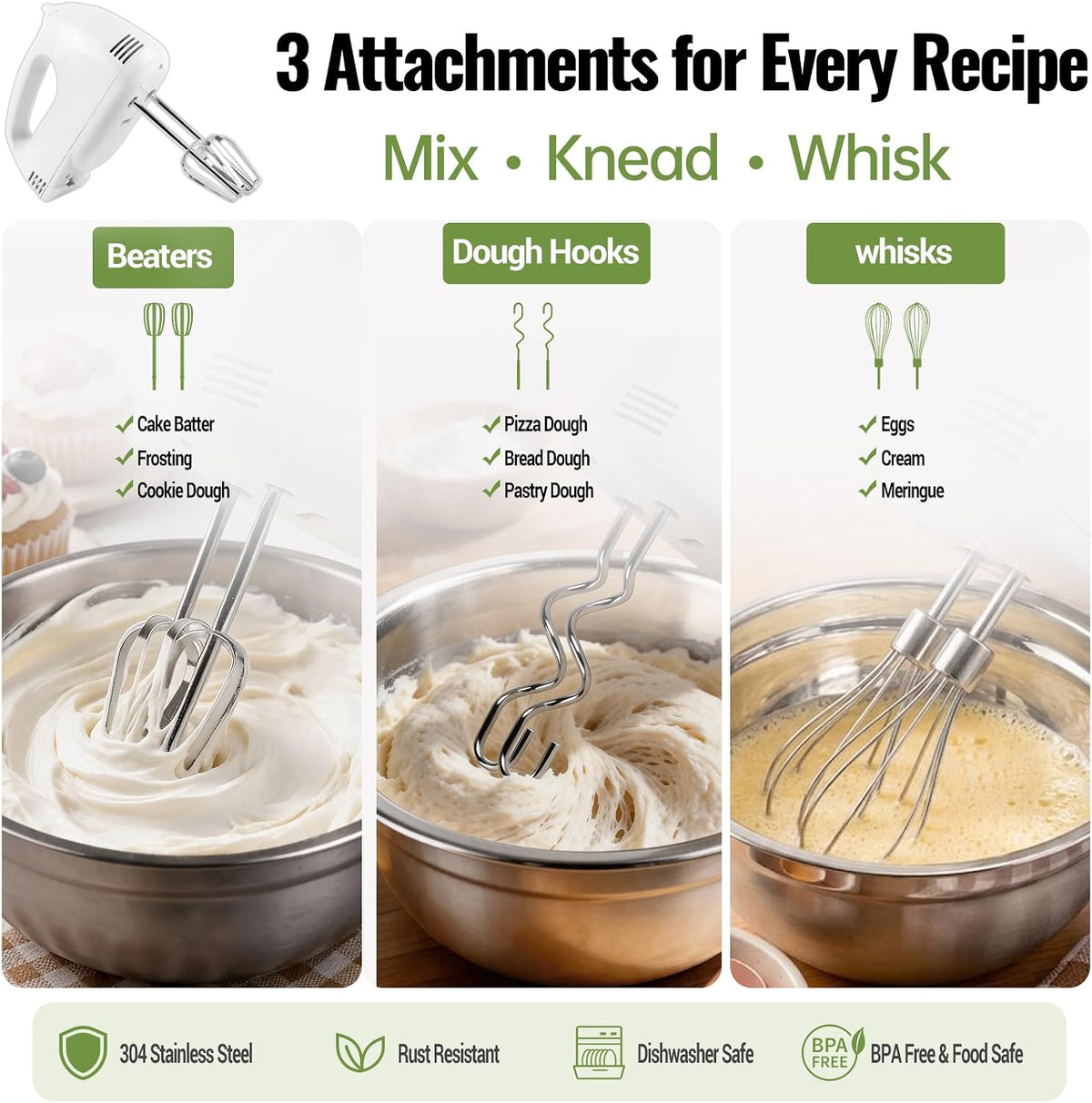 5-Speed Electric Hand Mixer Set with 4 Stainless Steel Mixing Bowls & Measuring Tools