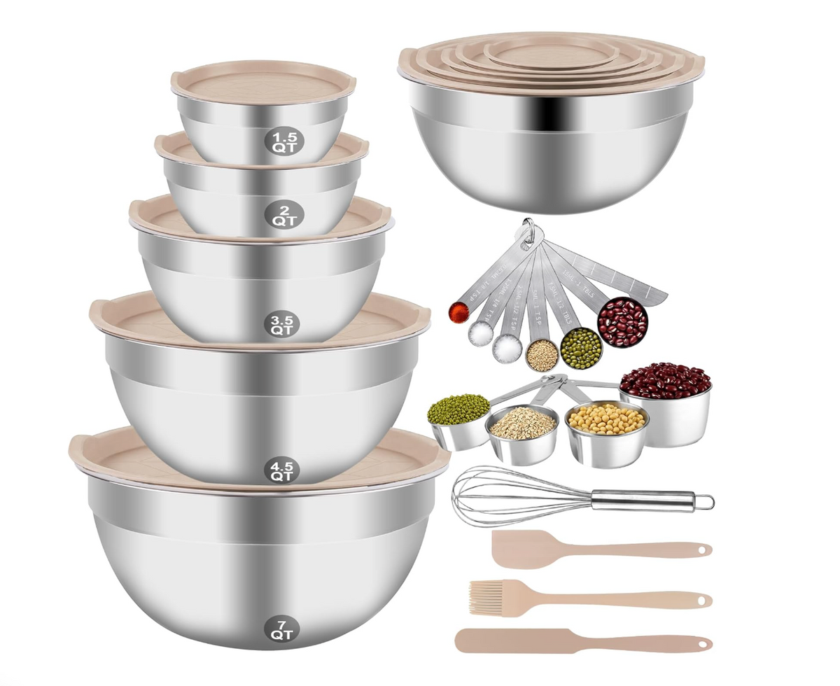 5-Speed Electric Hand Mixer Set with 4 Stainless Steel Mixing Bowls & Measuring Tools