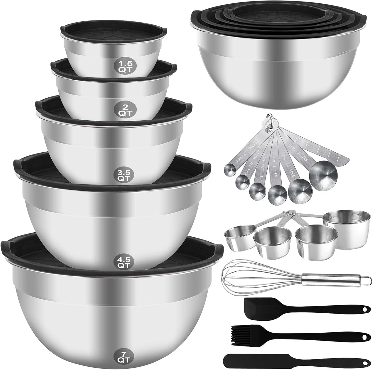 5-Speed Electric Hand Mixer Set with 4 Stainless Steel Mixing Bowls & Measuring Tools