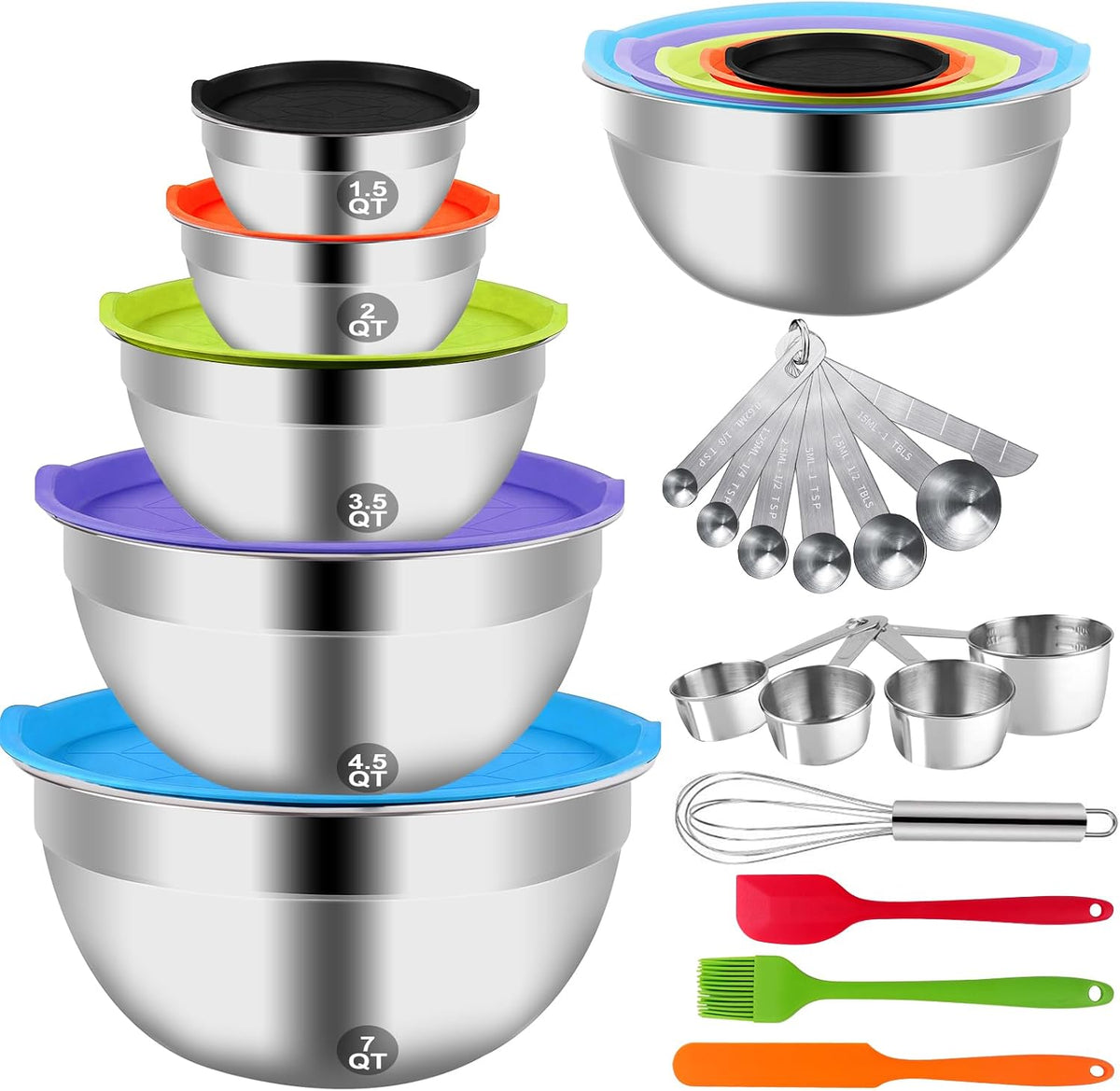 5-Speed Electric Hand Mixer Set with 4 Stainless Steel Mixing Bowls & Measuring Tools