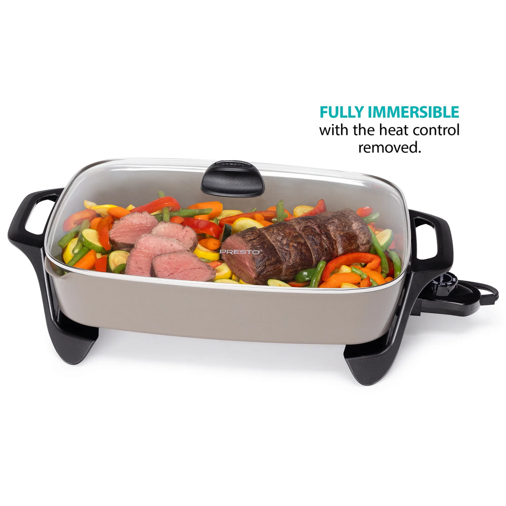 16-Inch Ceramic Electric Skillet with Glass Lid – Silver