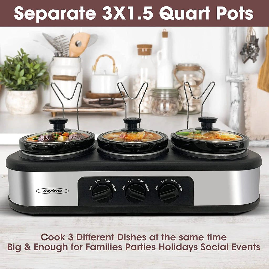 Triple Slow Cooker Buffet Server – 3 × 1.5-Quart Ceramic Pots with Adjustable Temperature