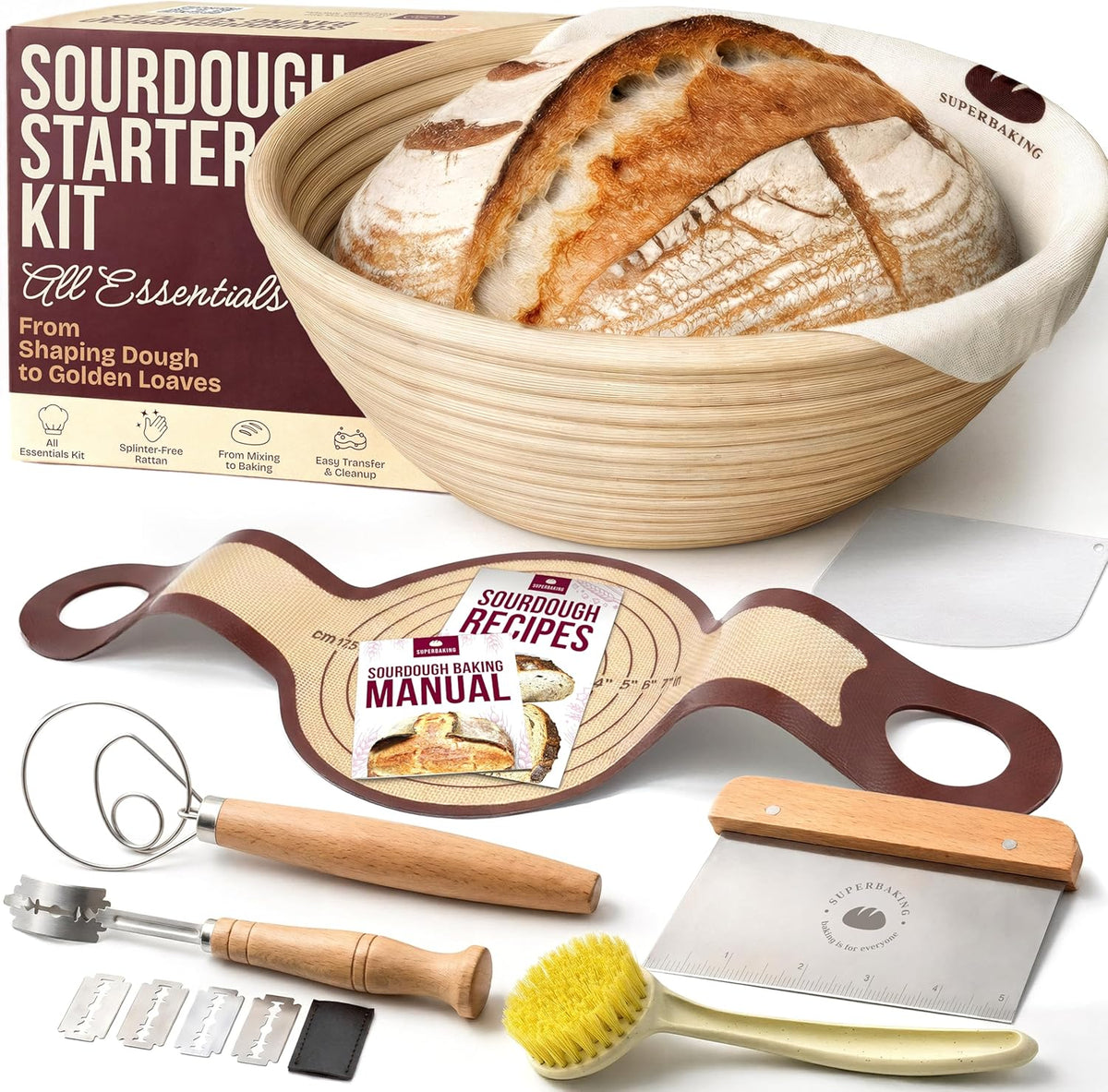 Sourdough Starter Kit – 9-Inch Proofing Basket & Silicone Bread Sling