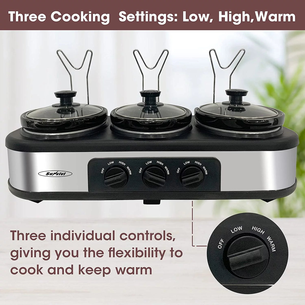 Triple Slow Cooker Buffet Server – 3 × 1.5-Quart Ceramic Pots with Adjustable Temperature