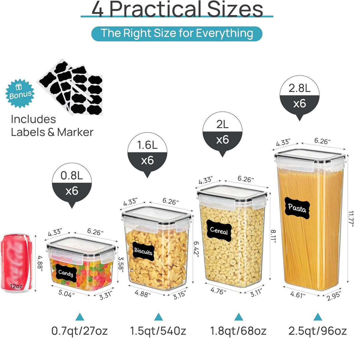 Airtight Food Storage Containers with Lids, 24 Pcs, Black