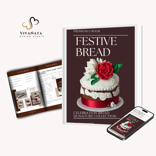 A digital mockup of a premium e-book titled 'Festive Bread' by Vivanata Design Studio, showing the front cover, an open interior page spread, and a smartphone screen displaying the book on a light beige background.