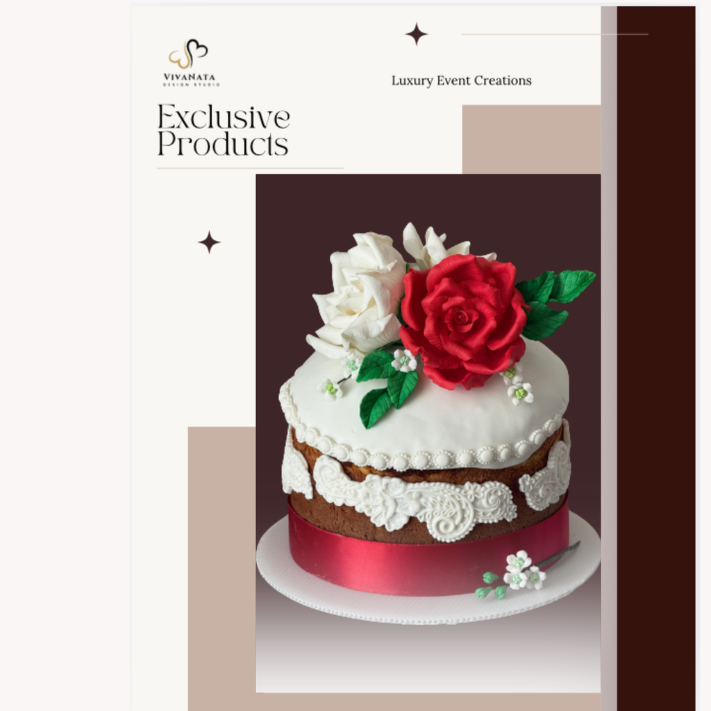 A promotional graphic for Luxury Events Creations featuring an elegant celebration bread. The bread is decorated with large red rose, white sugar flowers, green leaves, and a pink ribbon band, sitting on a white plate against a dark brown background.