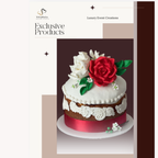 A promotional graphic for Luxury Events Creations featuring an elegant celebration bread. The bread is decorated with large red rose, white sugar flowers, green leaves, and a pink ribbon band, sitting on a white plate against a dark brown background.
