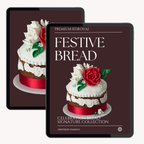 Two digital product mockups of a tablet displaying a bakery collection cover titled 'Festive Bread' by Premium Korovai, featuring a decorated bread with white icing, a red rose, and green leaves on a dark brown background.