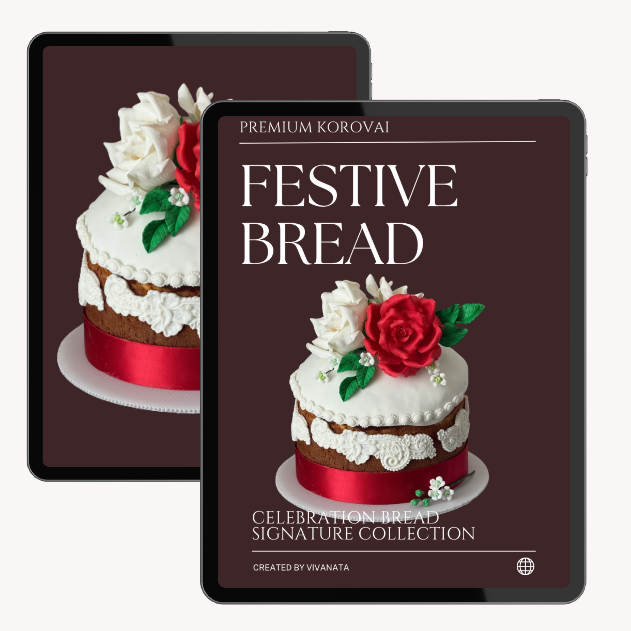 Two digital product mockups of a tablet displaying a bakery collection cover titled 'Festive Bread' by Premium Korovai, featuring a decorated bread with white icing, a red rose, and green leaves on a dark brown background.