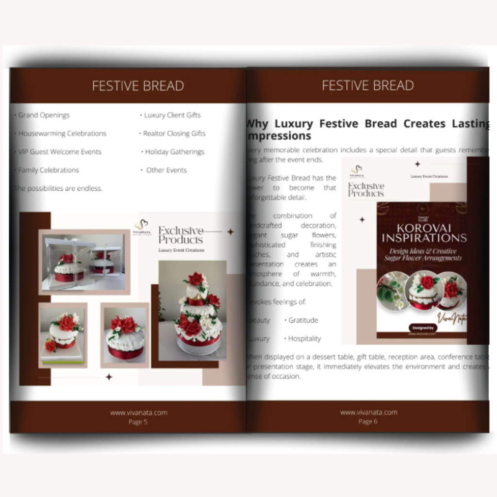 An open brochure or flyer for 'Festive Bread' showing two printed pages with text, event photos, and a product photo of a decorated bread. The design uses brown, white, and beige tones.