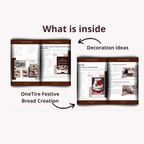 An informational graphic showing two open booklet pages with bread recipe or recipe card designs, labeled 'What is inside' with arrows pointing to 'Decoration ideas' and 'OneTire Festive Bread Creation' on a light gray background.