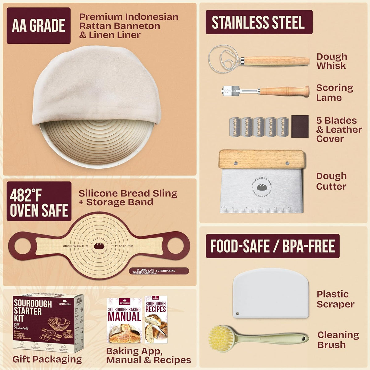 Sourdough Starter Kit – 9-Inch Proofing Basket & Silicone Bread Sling