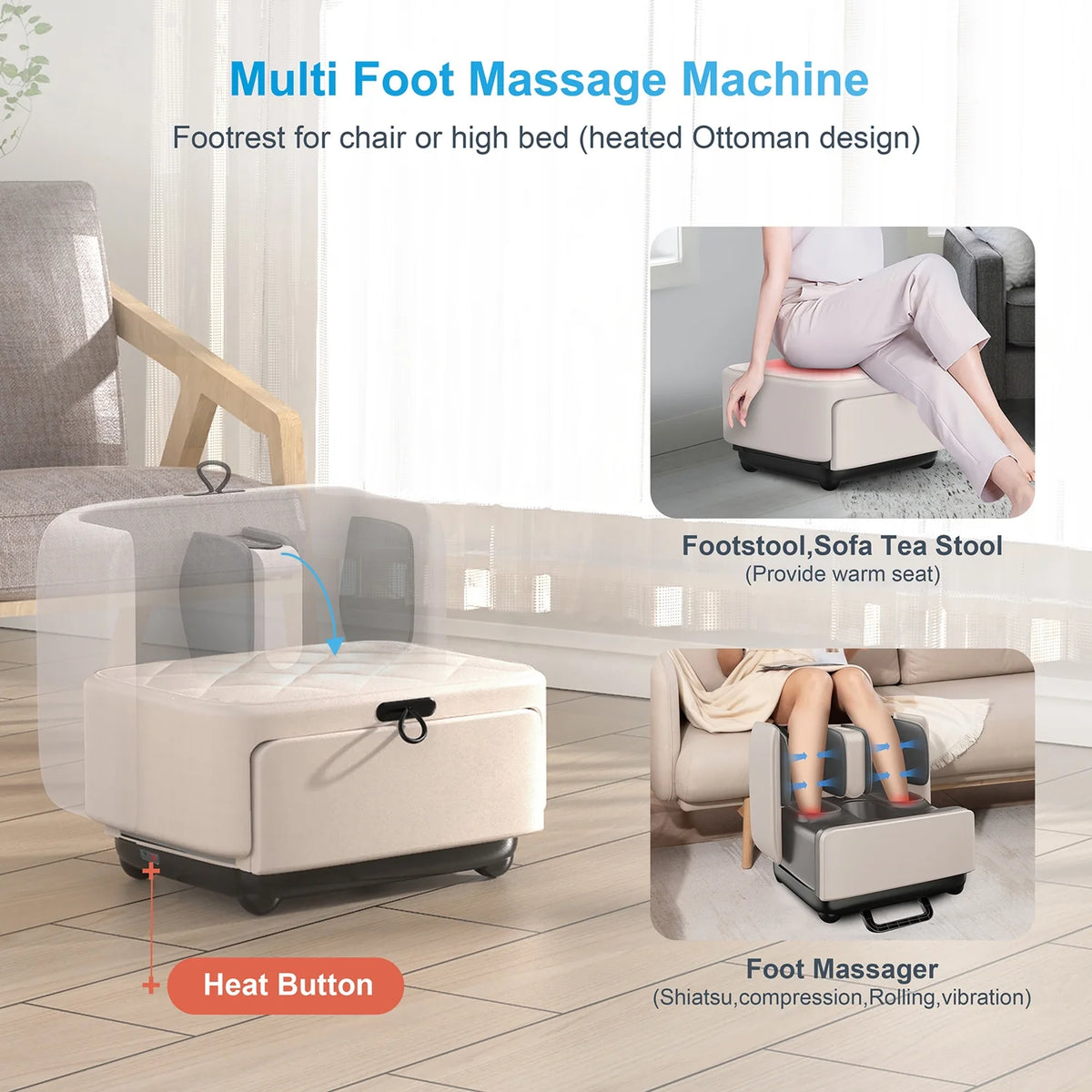 2-in-1 Shiatsu Foot & Calf Massager with Heat – Ottoman Rest & App Control