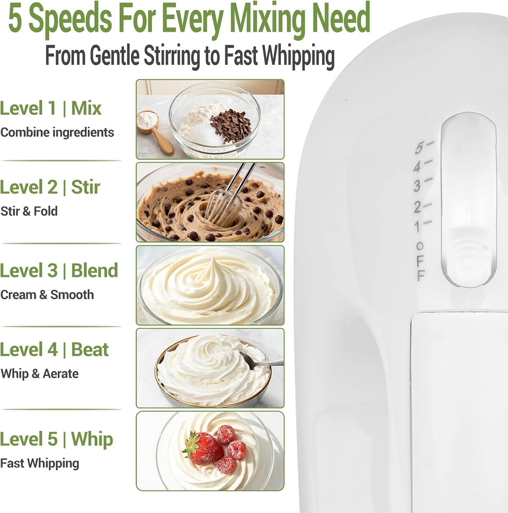 5-Speed Electric Hand Mixer Set with 4 Stainless Steel Mixing Bowls & Measuring Tools
