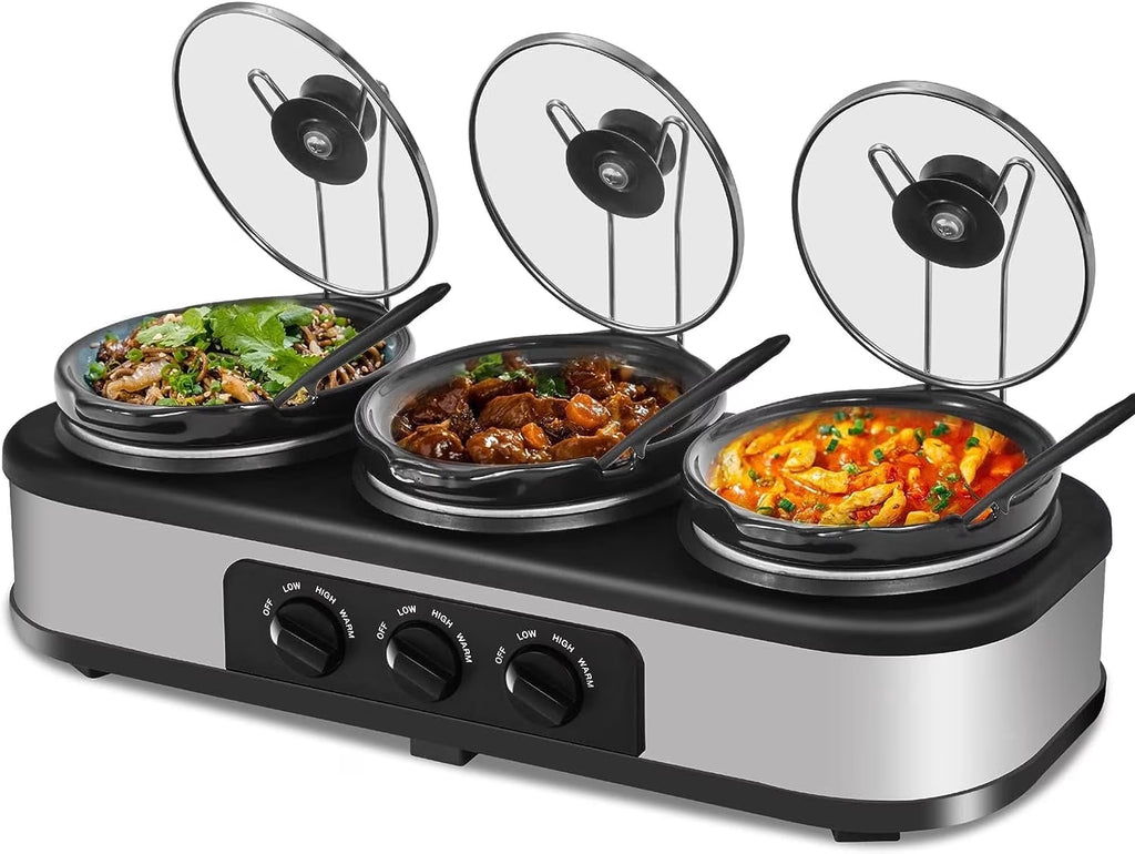 Triple Slow Cooker Buffet Server – 3 × 1.5-Quart Ceramic Pots with Adjustable Temperature