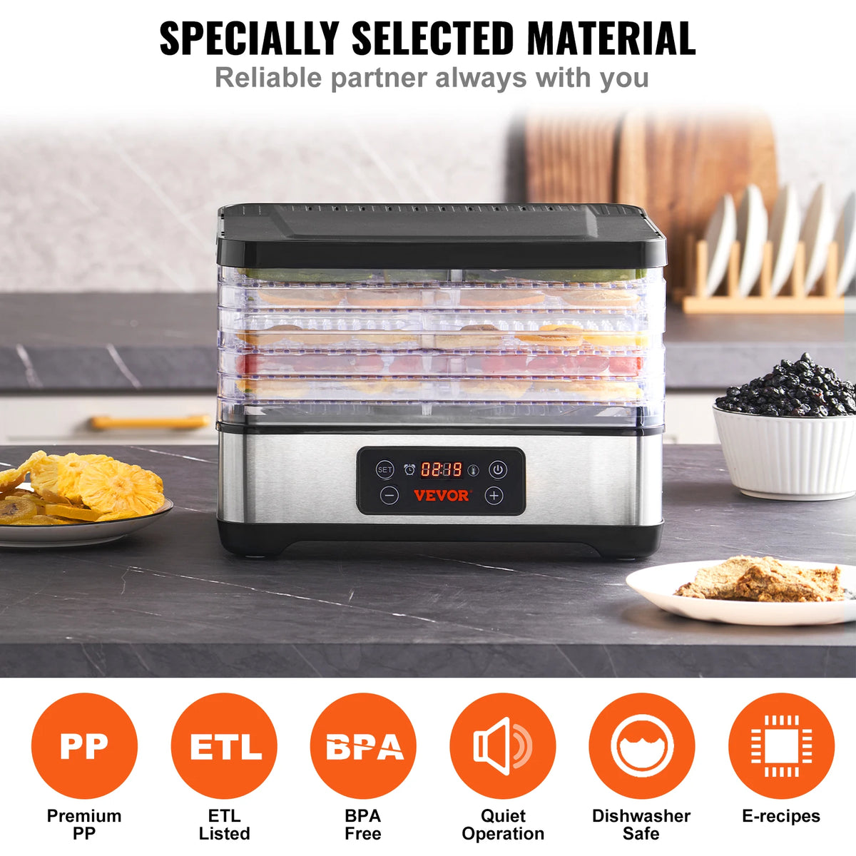 5-Tray Food Dehydrator – 300W Stainless Steel Food Dryer with Digital Timer & Temperature Control