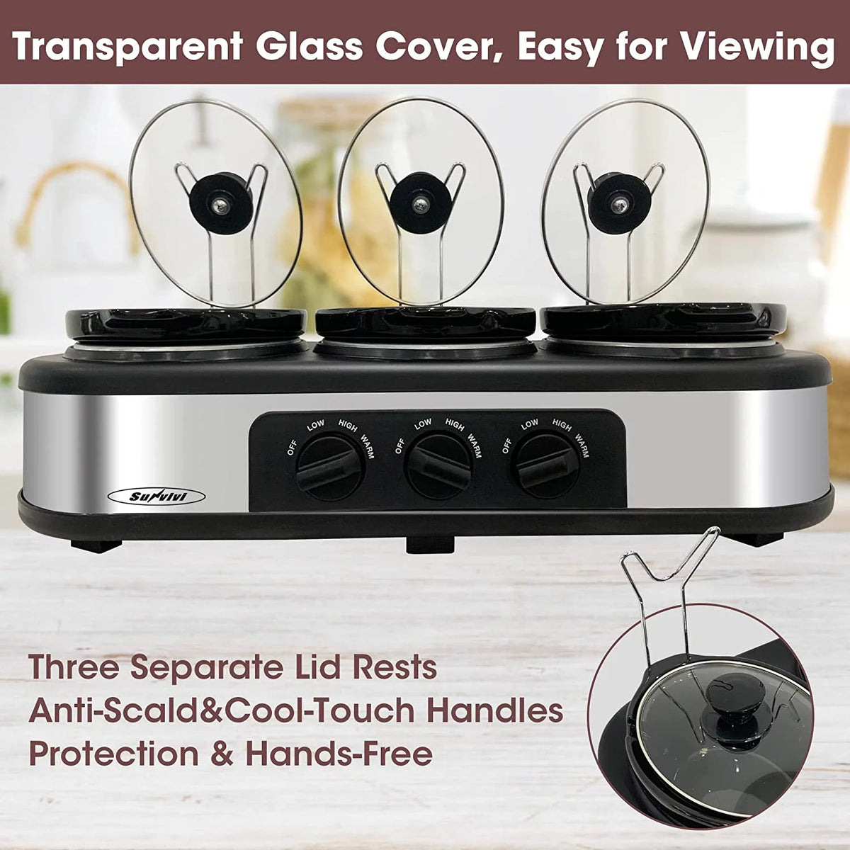 Triple Slow Cooker Buffet Server – 3 × 1.5-Quart Ceramic Pots with Adjustable Temperature