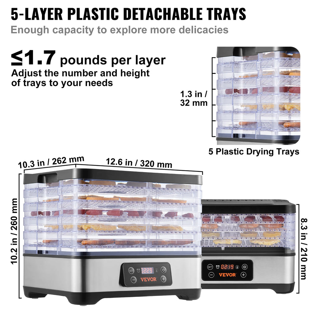 5-Tray Food Dehydrator – 300W Stainless Steel Food Dryer with Digital Timer & Temperature Control