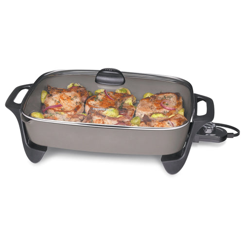 16-Inch Ceramic Electric Skillet with Glass Lid – Silver